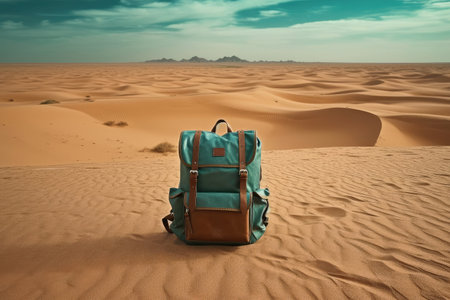 Travel Concept. Modern Backpack in the Desert Landscape extreme closeup. Generative AIの素材