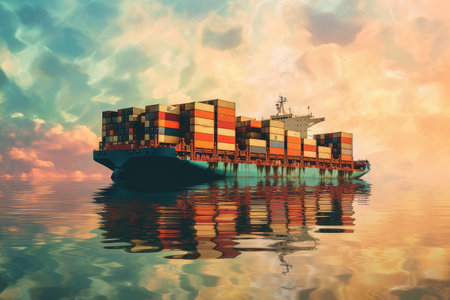 Business Logistics Concept. Container Ship at Sea Surrounded by Cloud Sky extreme closeup. Generative AIの素材