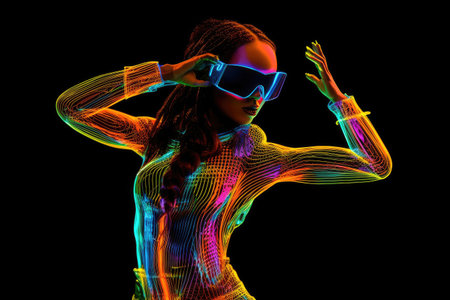 Neon Woman With Virtual Reality Glasses extreme closeup. Generative AIの素材