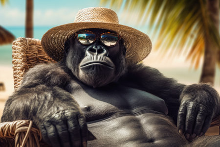 Beautiful Cute Funny Gorilla in a Hat and Sunglasses Relaxes on the Ocean Beach extreme closeup. Generative AIの素材