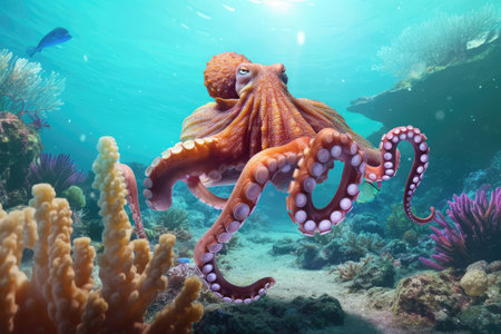 Octopus with Large Eyes Swimming Deep Ocean Water extreme closeup. Generative AIの素材