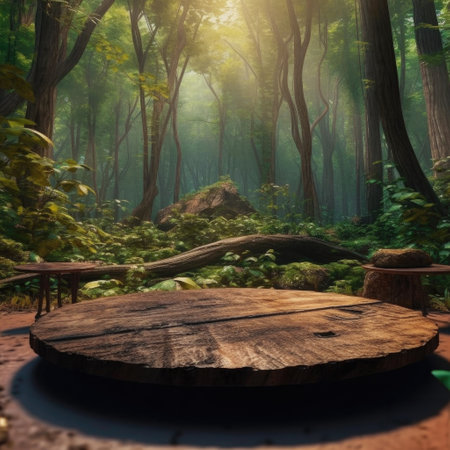 Empty Product Wooden Round Stage Podium in Green Forest Natural Environment extreme closeup. Generative AI.の素材