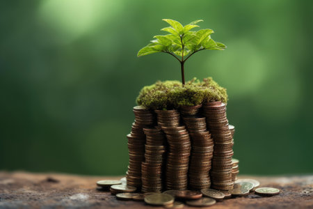 Wealth Business Concept. New Tree Growing in a Stacks of Coins extreme closeup. Generative AIの素材