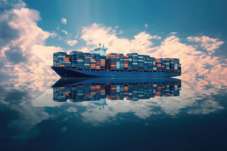 Business Logistics Concept. Container Ship at Sea Surrounded by Cloud Sky extreme closeup. Generative AIの素材