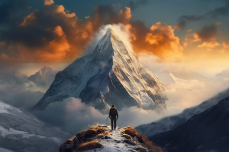 Business, Success, Leadership and Achievement Concept. Man Hiking on Top of a Rocky Mountain Peak with Sky and Clouds. Generative AIの素材