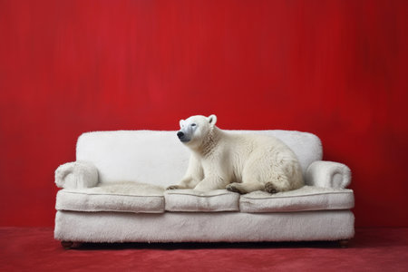 Cute Funny Polar White Bear on the White Couch in Red Empty Room extreme closeup. Generative AIの素材