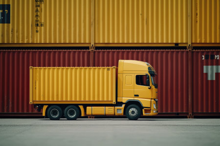 Yellow Container Truck Cargo Freight extreme closeup. Generative AIの素材
