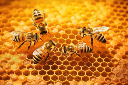 Working Bees on a Honeycomb extreme closeup. Generative AIの素材