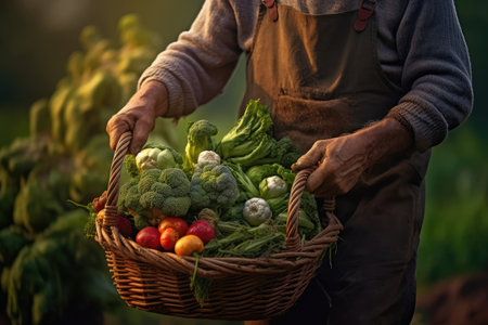Farmer Hands Holding a Basket full of Vegetables extreme closeup. Generative AIの素材