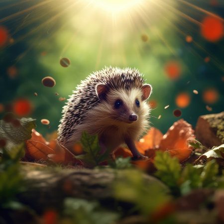 Beautiful Cute Hedgehog Sitting in Leaves extreme closeup. Generative AIの素材