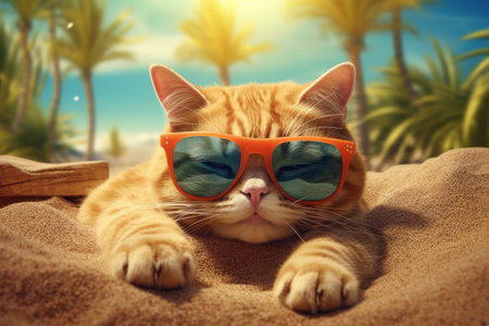 Beautiful Cute Funny Cat with Sunglasses on a Sand Beach extreme closeup. Generative AIの素材