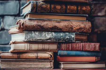 Stack of Old Vintage Retro Books Piled One Next to Another extreme closeup. Generative AIの素材