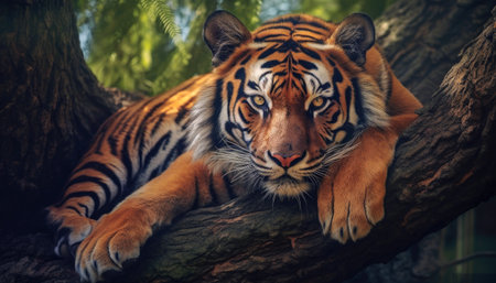 Beautiful Tiger Rest on a Tree Branch extreme closeup. Generative AIの素材