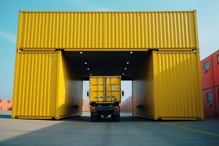 Yellow Container Truck Cargo Freight extreme closeup. Generative AIの素材