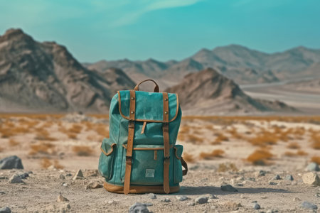 Travel Concept. Modern Backpack in the Desert Landscape extreme closeup. Generative AIの素材