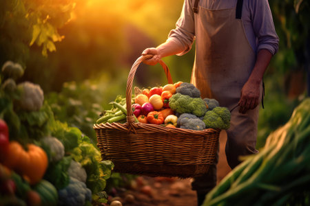 Farmer Hands Holding a Basket full of Vegetables extreme closeup. Generative AIの素材
