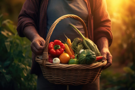 Farmer Hands Holding a Basket full of Vegetables extreme closeup. Generative AIの素材