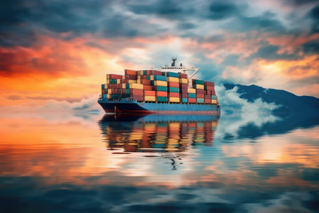 Business Logistics Concept. Container Ship at Sea Surrounded by Cloud Sky extreme closeup. Generative AIの素材