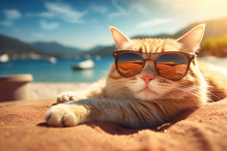 Beautiful Cute Funny Cat with Sunglasses on a Sand Beach extreme closeup. Generative AIの素材