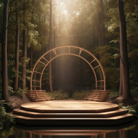 Empty Product Wooden Round Stage Podium in Green Forest Natural Environment extreme closeup. Generative AI.の素材