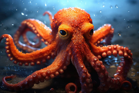Octopus with Large Eyes Swimming Deep Ocean Water extreme closeup. Generative AIの素材