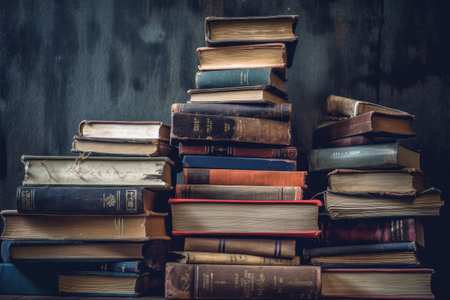 Stack of Old Vintage Retro Books Piled One Next to Another extreme closeup. Generative AIの素材