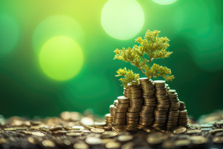 Wealth Business Concept. New Tree Growing in a Stacks of Coins extreme closeup. Generative AIの素材