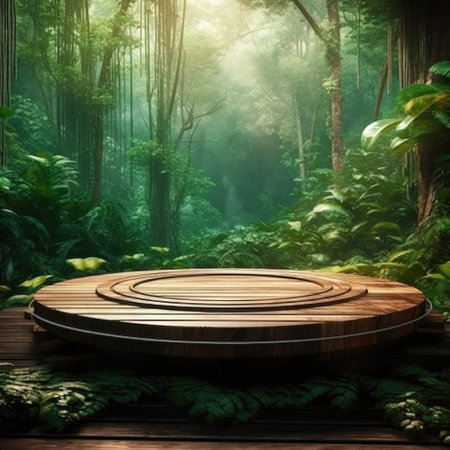 Empty Product Wooden Round Stage Podium in Green Forest Natural Environment extreme closeup. Generative AI.の素材