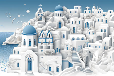 Travel to Greece Concept. Travel Poster with Paper Cut Out Beautiful Buildings on the Santorini Island extreme closeup. Generative AIの素材