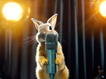 Beautiful Cute Rabbit in Yellow Costume Singing in Microphone extreme closeup. Generative AIの素材