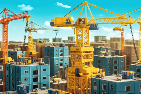 Yellow Building Construction Cranes on a Blue Sky Background. Generative AIの素材