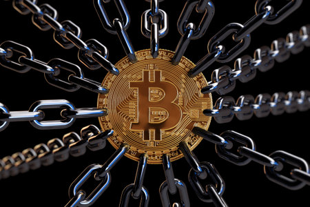 Block Chain Technology Concept. Golden Bitcoin Coin with Many Metal Chains on a black background. 3d Renderingの写真素材