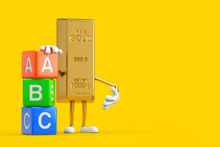 Golden Bar Cartoon Person Character Mascot with Alphabet ABC Education Cubes on a yellow background....