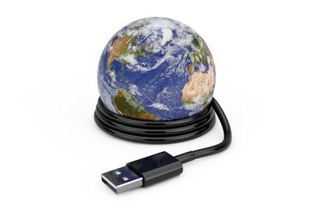 Planete Earth World Globe with USB Cable on a white background. Elements of this image furnished by...