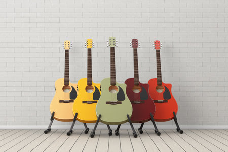 Ð¡olored Wooden Acoustic Guitars with Guitar Stand in front of brick wall background. 3d Renderingの写真素材