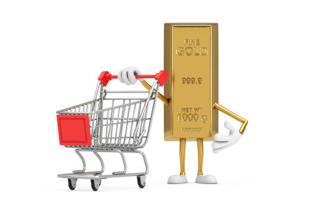 Golden Bar Cartoon Person Character Mascot with Shopping Cart Trolley on a white background. 3d Renderingの写真素材