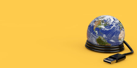 Planet Earth World Globe with USB Cable on a yellow background.   3d Rendering