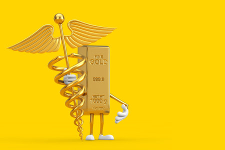 Golden Bar Cartoon Person Character Mascot with Golden Medical Caduceus Symbol on a yellow background. 3d Renderingの写真素材