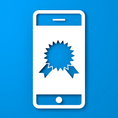 White Paper Cut Mobile Phone with Award Medal Certified Badge Rosette Icon on Screen on a blue background. 3d Renderingの写真素材