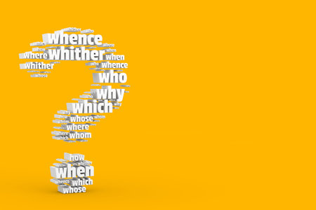 Question Words in Shape of Question Mark on a yellow background. 3d Renderingの写真素材