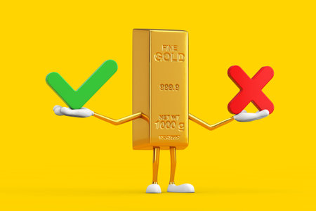 Golden Bar Cartoon Person Character Mascot with Red Cross and Green Check Mark, Confirm or Deny, Yes or No Icon Sign on a yellow background. 3d Renderingの写真素材