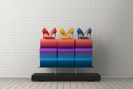 Store Product Display Showcase Rack Shelves with Woman Shoe Boxes and High Heels Wooman Shooes in front of Brick Wall background. 3d Renderingの写真素材