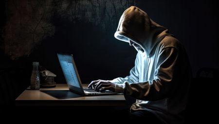Anonymous Hacker in Hoodie Using Computer Laptop for Organizing Massive Cyber Attack extreme closeup. Generative AIの素材