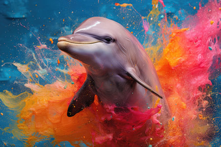 Dolphin Jump in a Rainbow Colorful Paint extreme closeup. Generative AIの素材