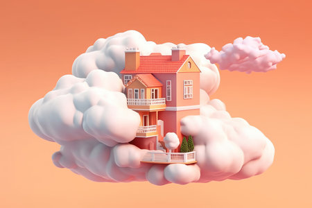 Cartoon Orange Paper House with Clouds extreme closeup. Generative AIの素材