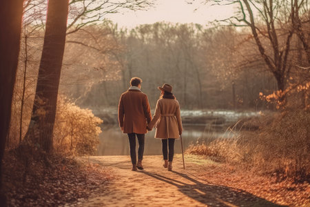 Elderly Couple in Love Walking Along the Autumn Street extreme closeup. Generative AIの素材