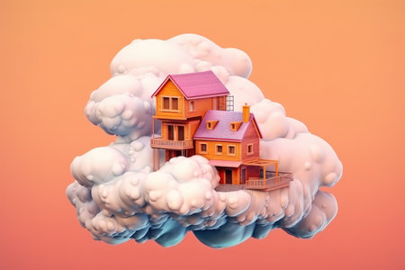Cartoon Orange Paper House with Clouds extreme closeup. Generative AIの素材