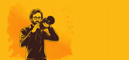 Cinema Director or Cameraman Holding Film Camera in His on a yellow background. Generative AIの素材