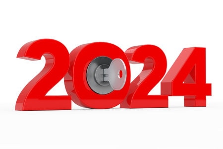 New 2024 Year Sign with Key on a white background. 3d Renderingの写真素材