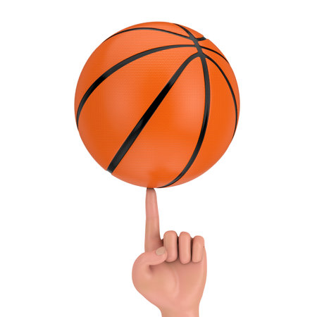 Basketball Ball Spinning on a Cartoon Hand Finger on a white background. 3d Renderingの写真素材